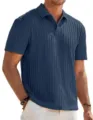 Men's dark blue short sleeve knit polo shirt, casual jacquard design with button lapel. - Navy Blue