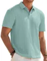Men's short sleeve knit polo shirt casual slim fit textured jacquard design summer apparel - Emerald Green