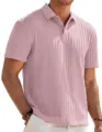 Men Pink Knit Short Sleeve Polo Shirt Casual Summer Button Collar Business Commute Top - Pink