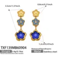 Detailed view of 18k gold plated stainless steel floral earrings with blue glass crystal. - Earrings / Gold (Blue Zirconia Flower Earrings)