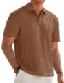 Men's brown short sleeve knit polo shirt casual textured button lapel summer top - Tan