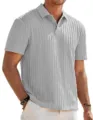 Men's grey short sleeve knit polo shirt casual jacquard button top summer apparel - Light Gray