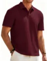 Men's Casual Knit Short Sleeve Polo Shirt Summer Solid Color Business Commuting Top - Burgundy
