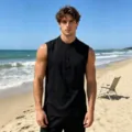 Men's casual sleeveless button tank top summer breathable fitness vest solid color top - S / Tops / Black