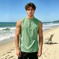 Men linen sleeveless tank top casual summer beach gym round neck button vest apparel - S / Tops / Light Green