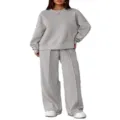 Casual grey long-sleeve crewneck sweatshirt and wide-leg pants lounge two-piece set detail - S / Top And Bottom / Light Gray