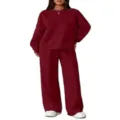 Womens two piece lounge set crewneck long sleeve sweatshirt and wide leg pants casual outfit - S / Top And Bottom / Burgundy