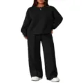 Women casual black sweatshirt and wide leg pants two piece lounge set comfy outfit - S / Top And Bottom / Black