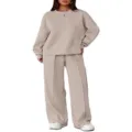 Detailed view of the stylish beige casual two-piece tracksuit featuring long sleeves and wide pants. - S / Top And Bottom / Apricot