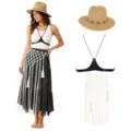 Boho beach outfit set featuring a straw hat, leather harness, and tassel mesh skirt. - Bohemian Three-Piece Set A (Set) / One Size