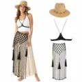 Boho beach festival fringe skirt and leather harness set with straw hat for women variant. - Bohemian Three-Piece Set B (Set) / One Size