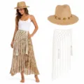 Women boho straw sun hat with shell beads and matching handmade macrame tassel waist belt set. - Bohemian Two-Piece Set A (Set) / One Size