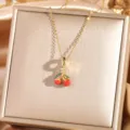 Fashionable titanium steel cherry necklace with exquisite zircon elements for charming women daily. - Cherry 4 - Gold