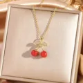 Elegant gold cherry zircon pendant necklace for women fashion jewelry clavicle chain detail - Cherry 6 - Gold