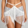 Sexy white fringe waist chain with sequin shorts and adjustable straps festival rave wear. - LP-469W Tassel Style (Style) / One Size / White