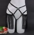 Sexy black strap harness lingerie set with fringe tassels and metal rings for women. - LP-470 Tassel Style (Style) / One Size