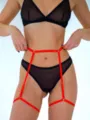 Sexy black lingerie set with red body harness and leg rings for seductive styling. - LP-428R Style (Top) / One Size / Red
