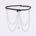 Black elastic strap body chain with multi-layer silver chains and moon pendant accessory. - LP-476 Chain Bow Style (Style) / One Size