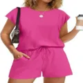 Pink casual lounge set detail featuring short sleeve top and drawstring shorts for women. - S / Top And Bottom / Rose Red