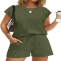 Women casual two piece set solid color short sleeve top and pocket shorts loungewear - S / Top And Bottom / Army Green