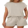Casual solid color short-sleeve top and shorts two-piece lounge set in beige variant. - S / Top And Bottom / Apricot