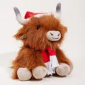 Adorable peluche de vache Highland avec bonnet de Noël et écharpe, poupée animal en peluche douce - Style Noël Marron