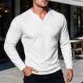 Herren Freizeit einfarbig Waffelstrick Langarm V-Ausschnitt T-Shirt für Herbst Outdoor. - S / Oberteile / Weiß
