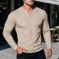 Herren Waffelstrick Langarm V-Ausschnitt T-Shirt Beige Freizeit Herbst Oberteil - S / Oberteile / Khaki