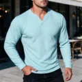 Herren Freizeit Waffel Langarm V-Ausschnitt T-Shirt einfarbig Herbst Outdoor Mode Top - S / Oberteile / Seeblau