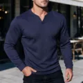 Herren Einfarbig Waffelstrick Langarm V-Ausschnitt T-Shirt Freizeit Oberteil Neu - S / Oberteile / Marineblau