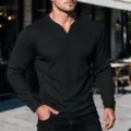 Men's Black Waffle Knit Long Sleeve V-Neck T-Shirt Casual Slim Fit Autumn Topwear - Black