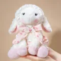 Cute Lolita little lamb plush toy, soft sitting sheep stuffed doll with pink floral dress and bonnet. - Large 25CM / White