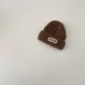 Braune Kinder-Wollmütze, Herbst Winter warme Strickmütze mit süßem gesticktem Aufnäher Detail. - 48-52cm / Kaffeebraun