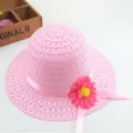 Rosa gewebter Kinder Strohhut mit Blume und Schleife, perfekter Sonnenschutz für den Sommer. - Hutumfang 50cm / Rosa
