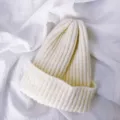 Cozy knitted beanie detail, soft solid color wool hat for kids, warm winter daily wear. - One Size / White