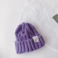 Kids cable knit beanie hat winter warm purple pullover cap with white label for boys and girls - 50-60cm / Purple