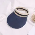 Kids summer sun visor straw hat, wide brim empty top beach cap with striped elastic band. - Navy Blue
