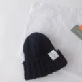 Black cable knit beanie for kids with letter patch cute winter warm headwear cap - 50-60cm / Black