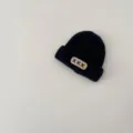 Black kids knit beanie hat autumn winter warm children pullover cap with patch embroidery - 48-52cm / Black