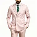 Men's pink double-breasted suit detail featuring gold buttons, elegant lapels, and fine tailoring. - US Size XXS / Tops / Pink