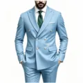 Men light blue double breasted suit slim fit wedding groomsmen business blazer set - US Size XXS / Tops / Sky Blue