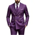 Men purple double breasted suit detail view with gold buttons and matching tie style. - US Size XXS / Tops / Purple