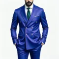 Detailed view of a stylish double-breasted blue men suit featuring gold buttons and slim fit design. - US Size XXS / Tops / Sapphire Blue