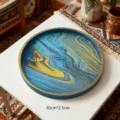 Creative painted wooden round storage tray with blue marble pattern and gold rim for home decor - Blue Water Ripple Tray
