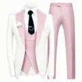 Men's 3-piece suit detail view showing pink lapel blazer, vest, and trousers for formal events. - XS / Set / White Pink