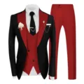 Vue détaillée de la veste de costume bicolore pour homme avec gilet et pantalon chic. - Taille US/UE XS / Ensemble / Noir Rouge