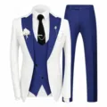 Men luxury blue and white three piece suit detail, elegant slim fit tuxedo jacket. - XS / Set / White and Sapphire Blue