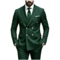 Detailed close-up of dark green double-breasted men suit with stylish gold metal buttons. - US Size XXS / Tops / Army Green