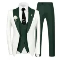 Detailed view of elegant men 3 piece formal suit set with white jacket and dark green vest. - XS / Set / White And Army Green