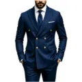 Men slim fit navy blue double breasted suit detail with elegant gold metal buttons. - US Size XXS / Tops / Navy Blue